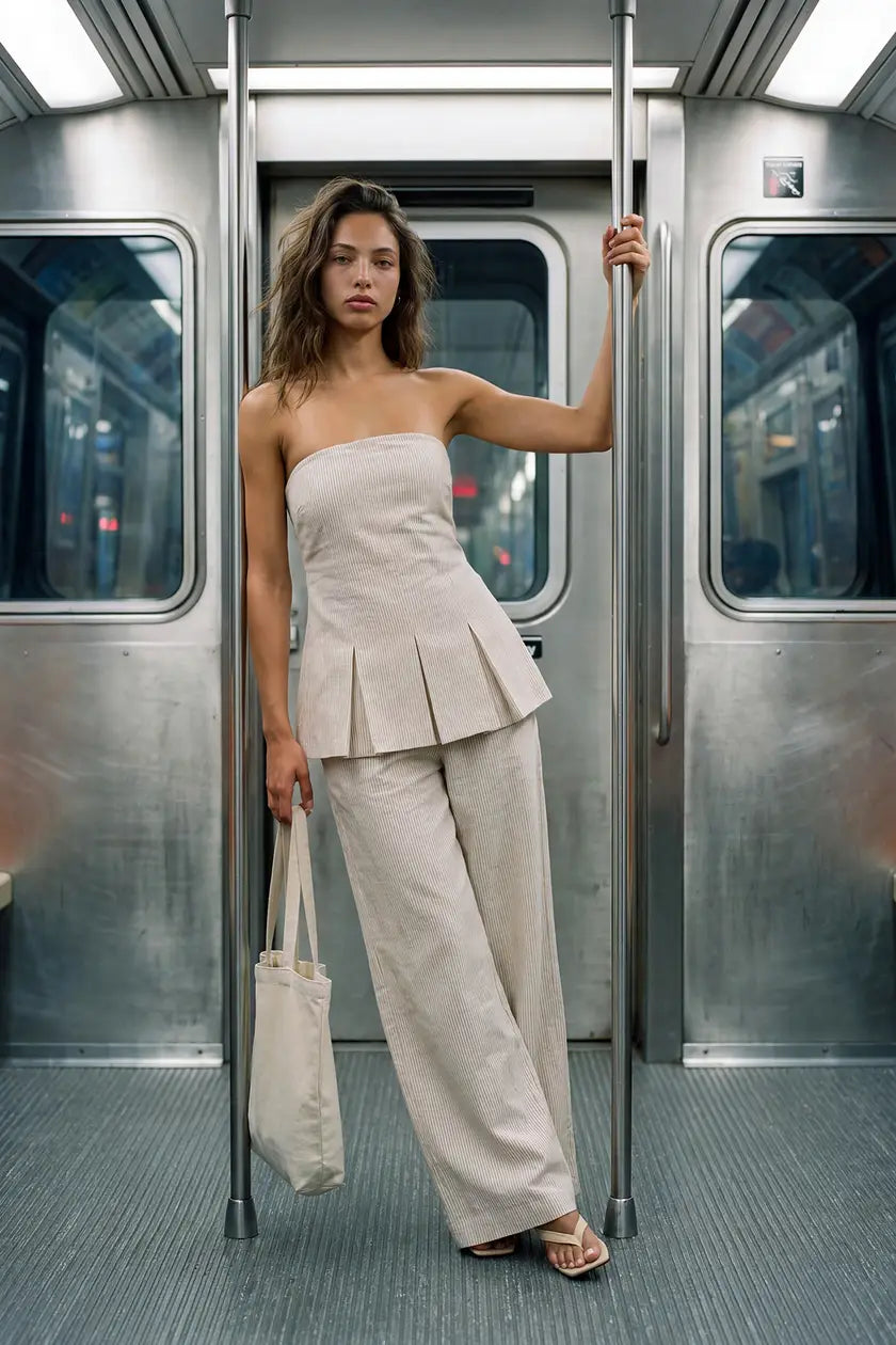 Stripe Linen Look Bandeau and Wide Leg Trouser Co-ord