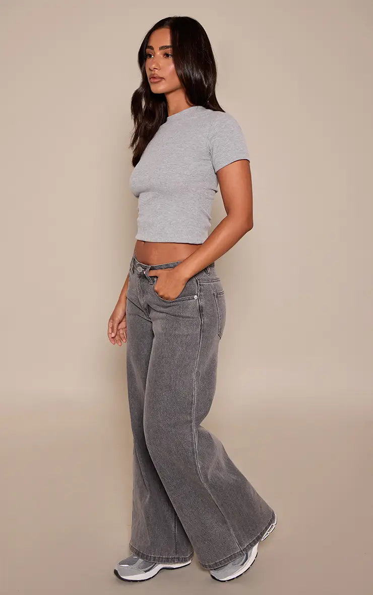 Petite Mid Rise Stretch Wide Leg Jeans