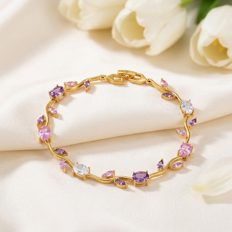 Gold Plated Multicolor Stones Studded Anti Tarnish Tulip Bracelet