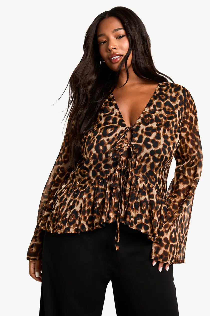 Leopard Tie Front Ruffle Blouse