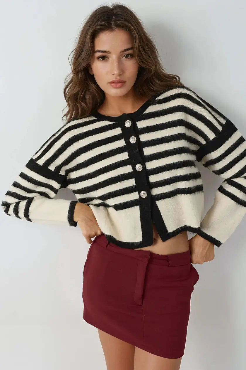 Striped Knit Cardigan with Button Closure