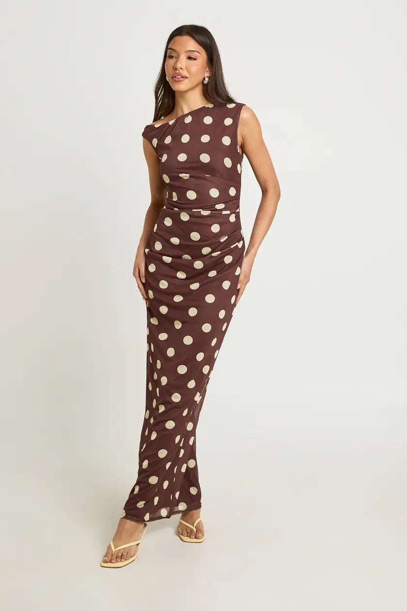 Tonal Polka Dot Asym Neckline Maxi Dress
