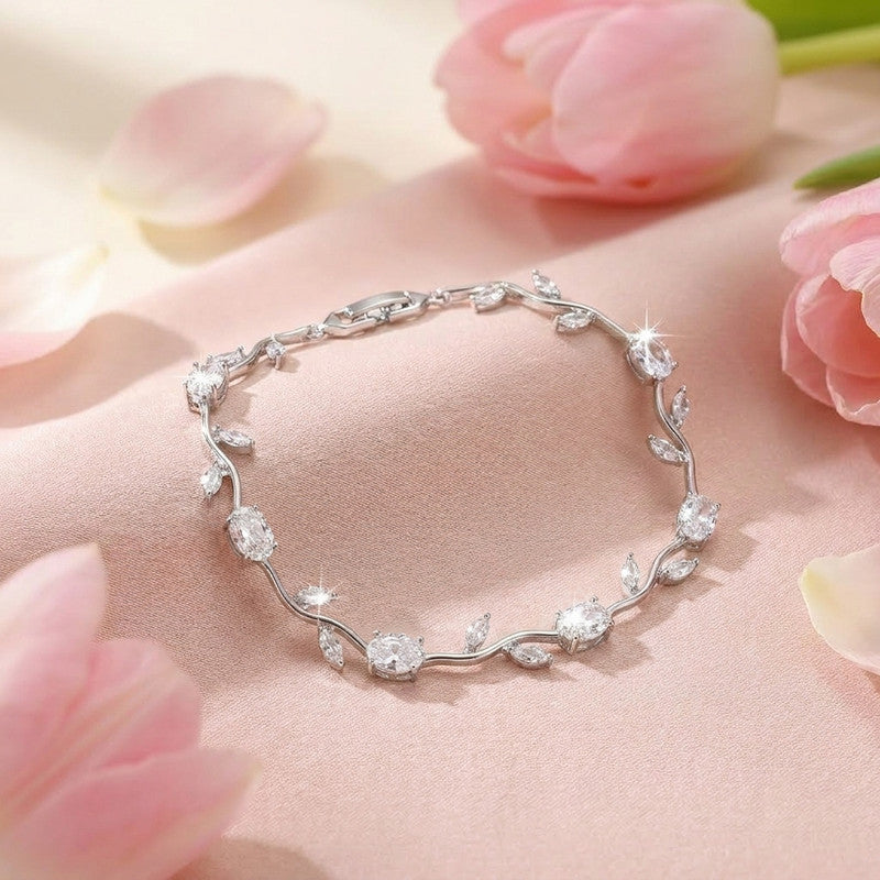 Silver Plated White Stones Studded Anti Tarnish Tulip Bracelet