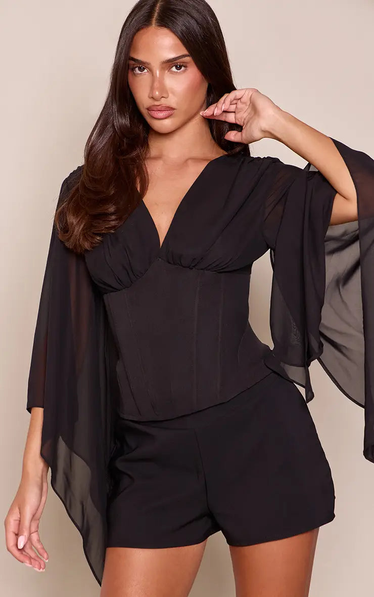 Corset Waist Chiffon Drape Sleeve Top