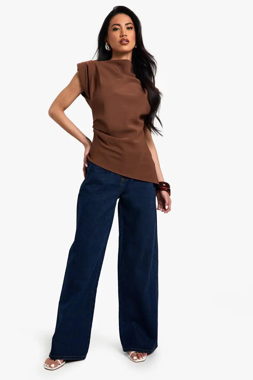 Brown Shoulder Pad Asymmetric Blouse