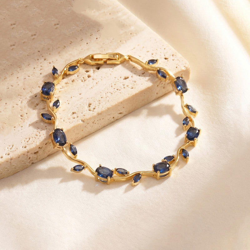 Gold Plated Navy Blue Stones Studded Anti Tarnish Tulip Bracelet