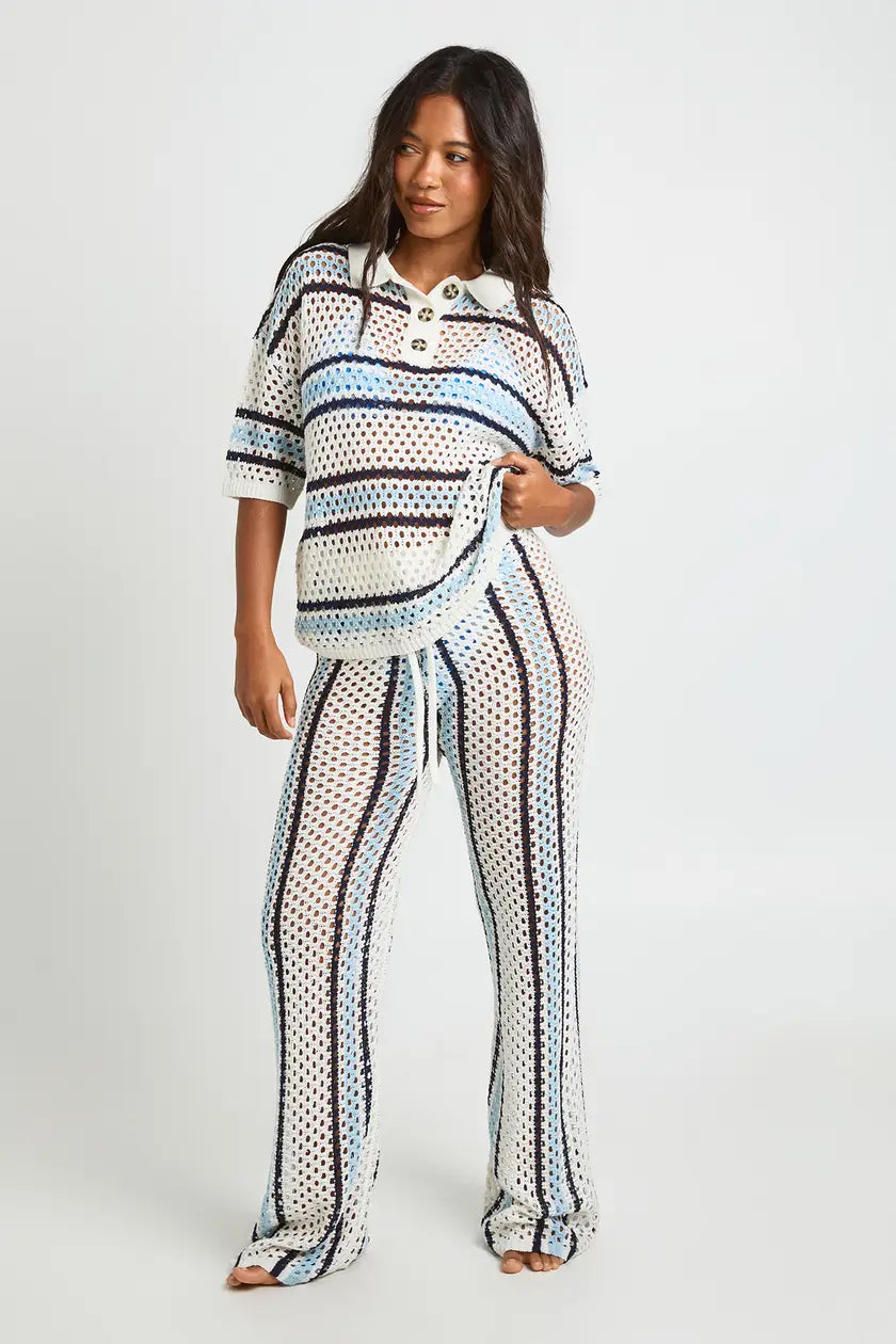 Stripe Crochet Beach Button Down Shirt and Wide Leg Trouser Co-Ord