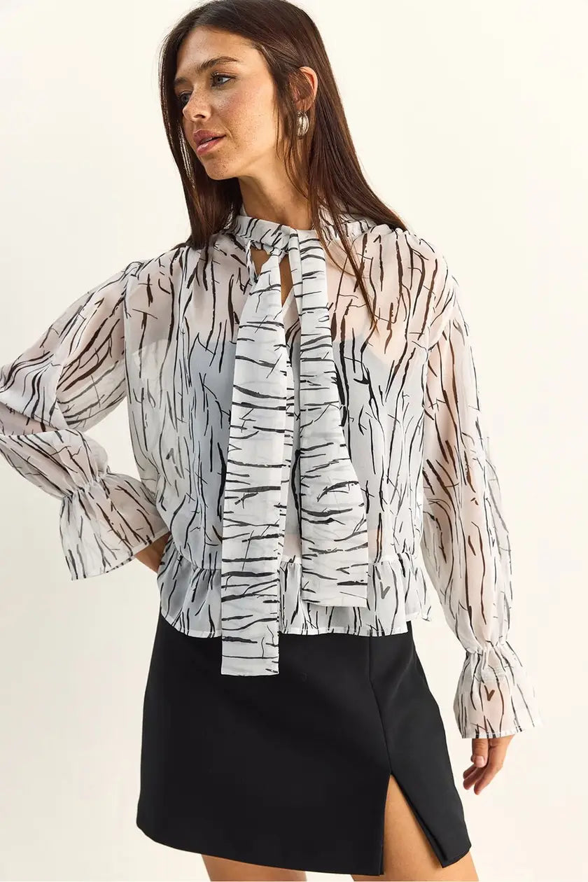 Abstract Print Choker Collar Chiffon Blouse with Tie Detail