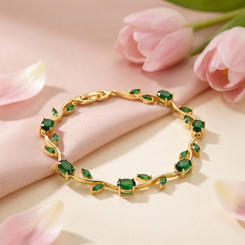 Gold Plated Green Stones Studded Anti Tarnish Tulip Bracelet