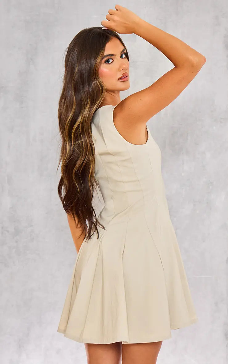 Stretch Woven Racer Pleated Shift Dress