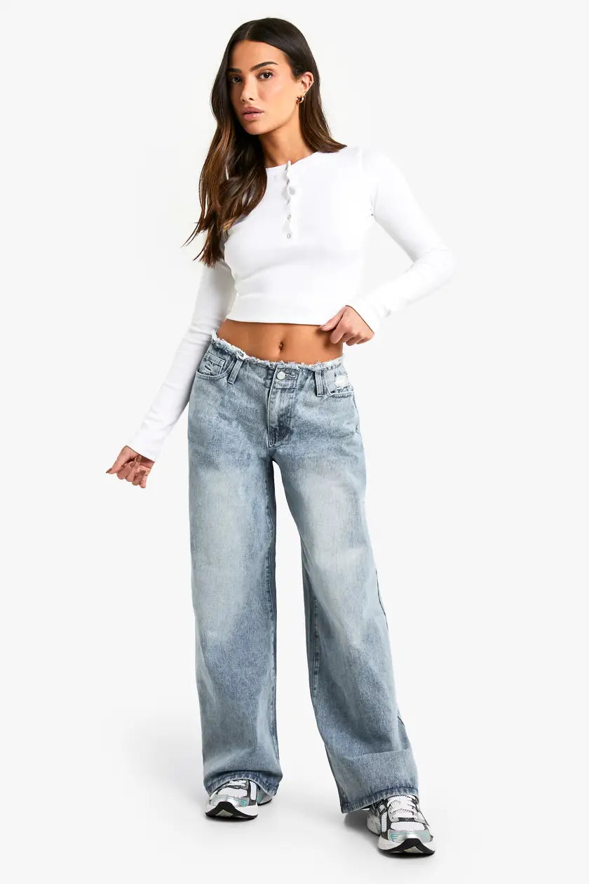 Petite Raw Waistband Wide Leg Jeans