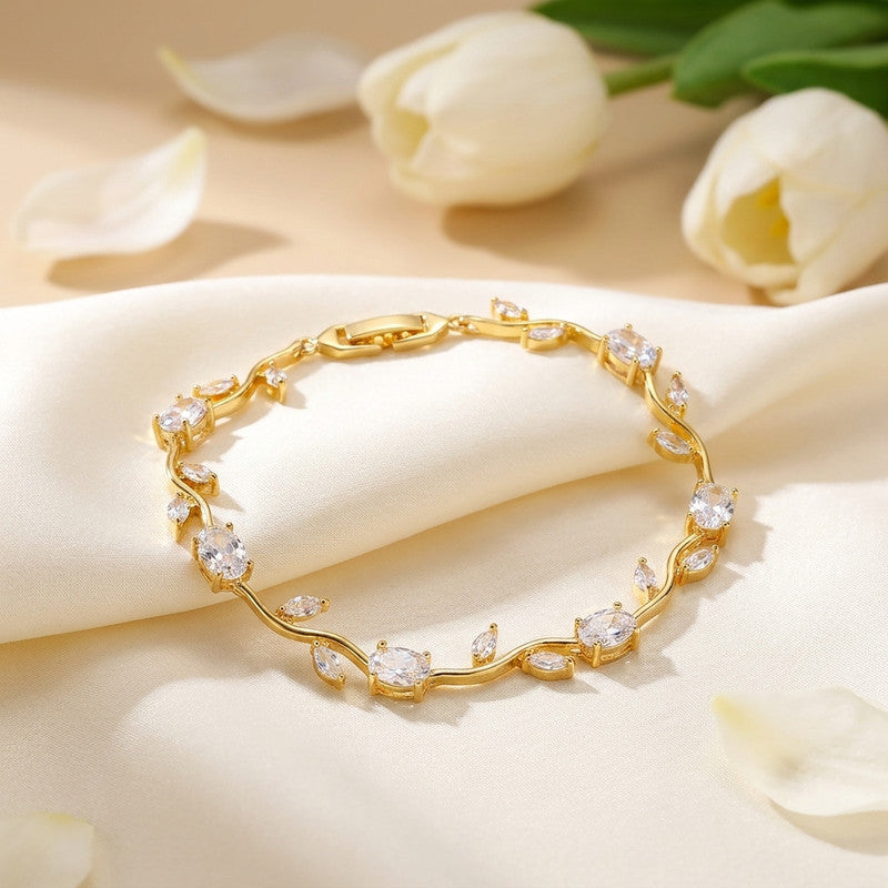 Gold Plated White Stones Studded Anti Tarnish Tulip Bracelet