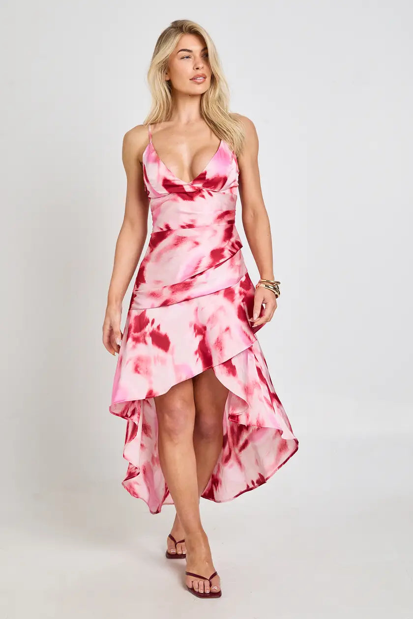 Printed Satin Asymmetric Maxi Dress