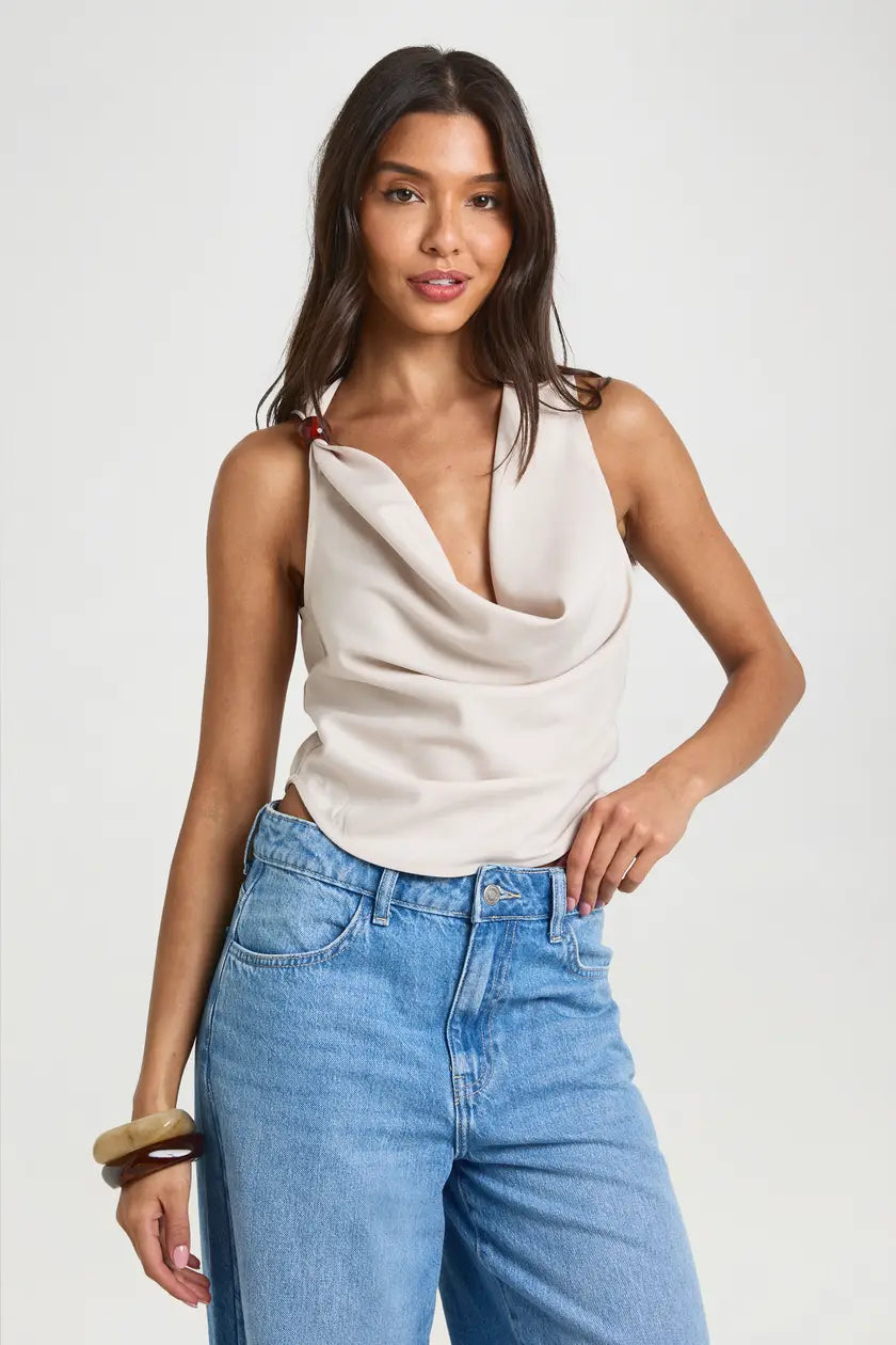 Crepe Beaded Cowl Neck Top