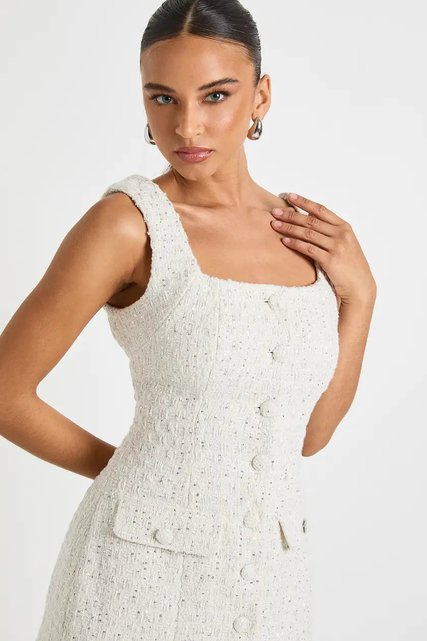 Sequin Boucle Square Neck Tailored Mini Dress