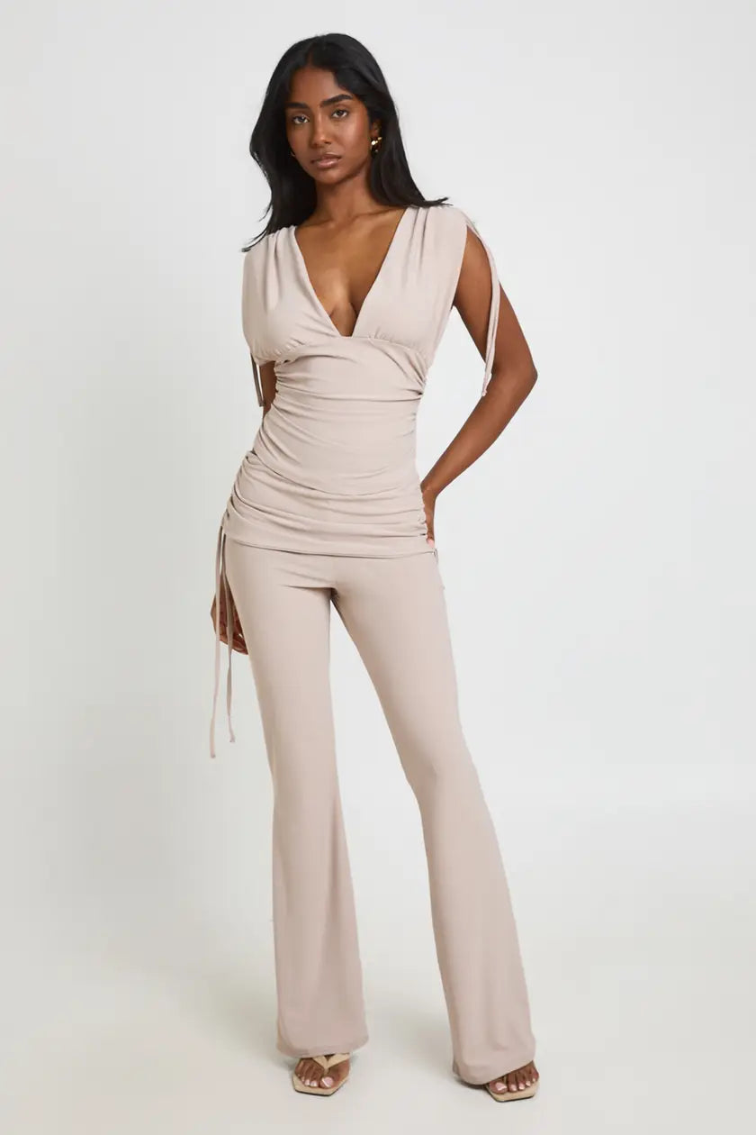 Slinky Plunge Wide Ruched Shoulder Top and Foldover Flare Coord
