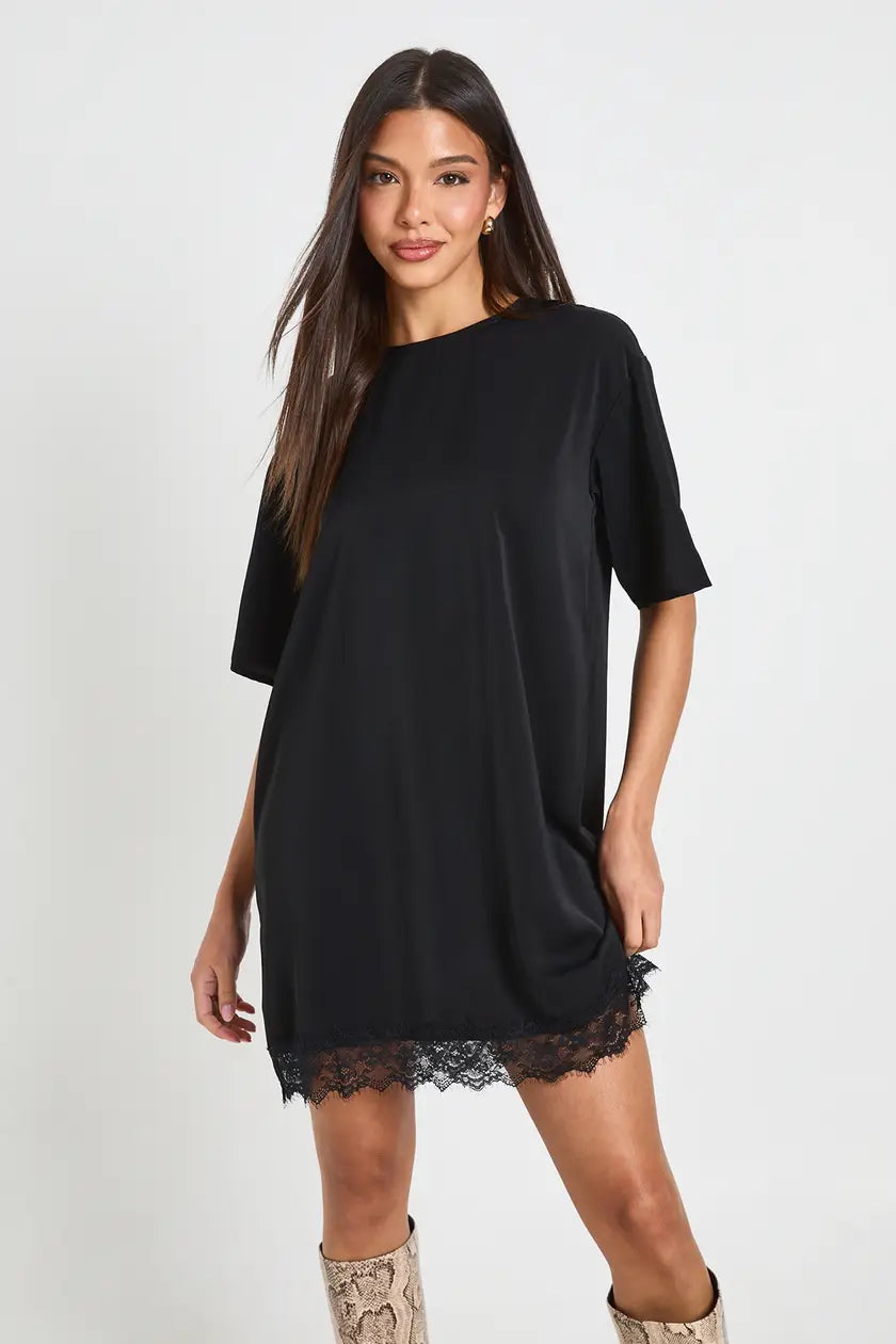 Lace Hem Oversized Woven T-Shirt Dress