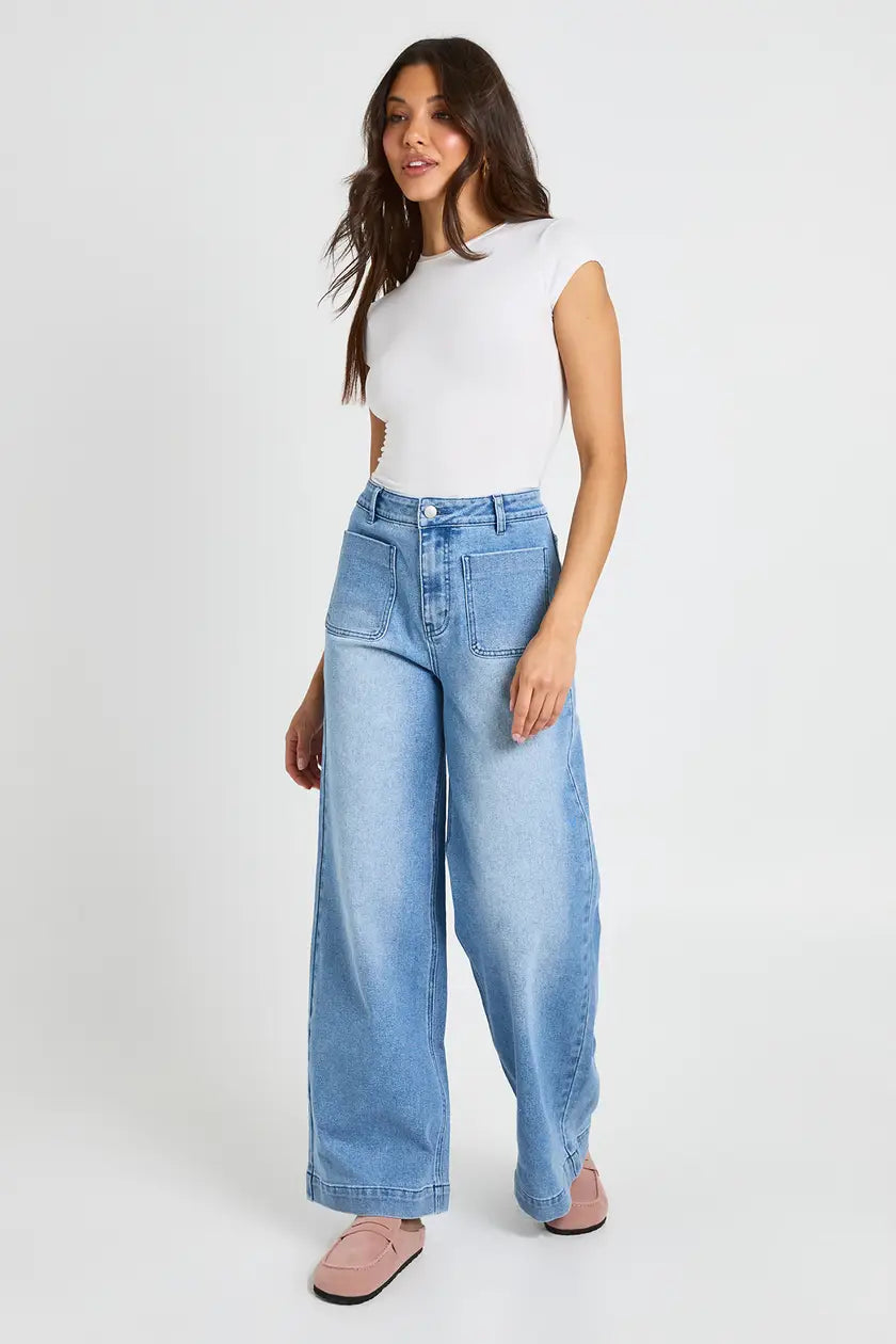 High Waist Front Pocket Wide Leg Jean
