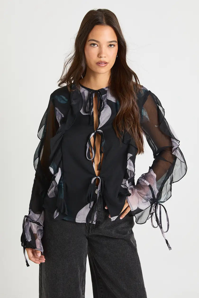 Floral Chiffon Tie Front Blouse