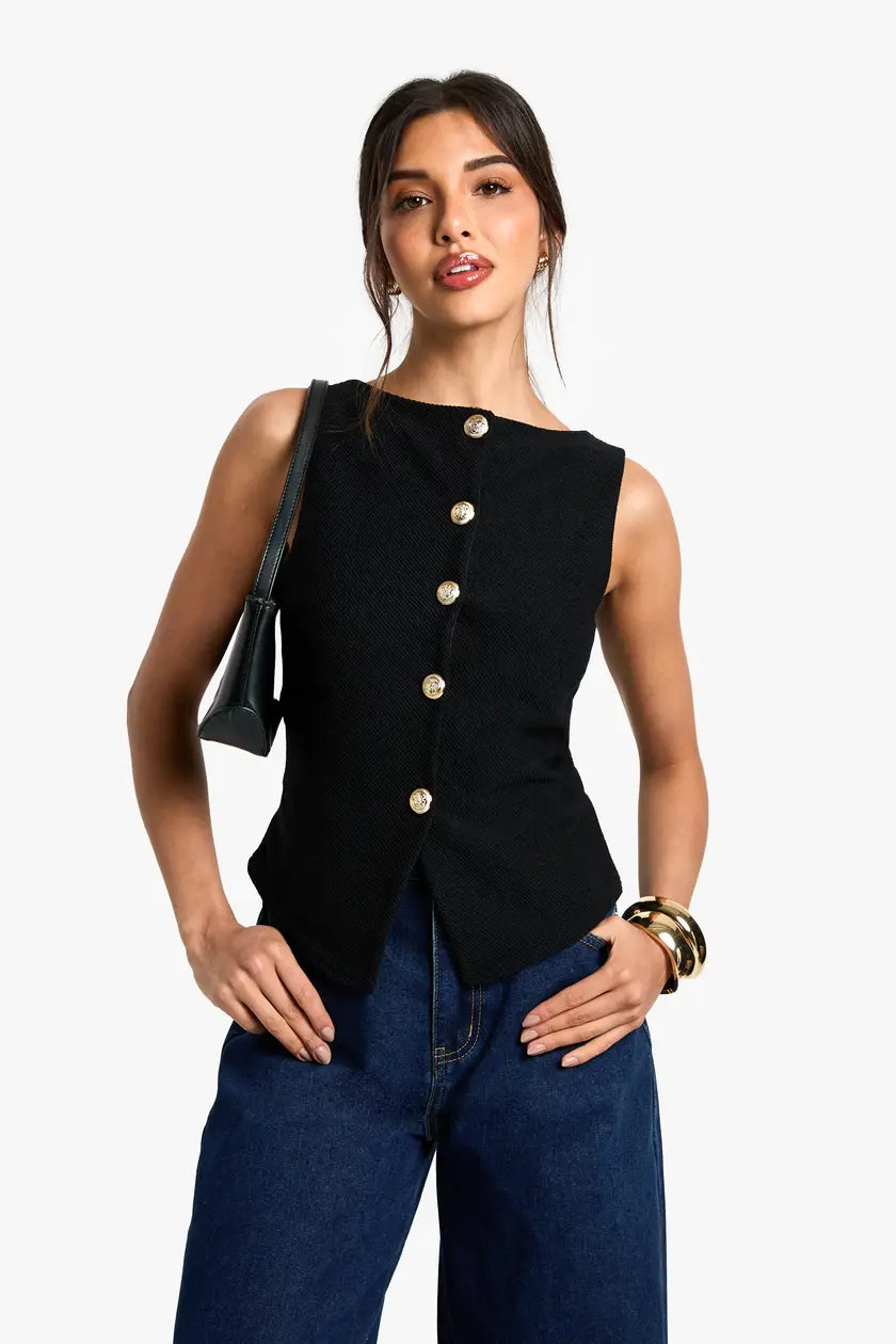 Black Textured Button Through Waistcoat