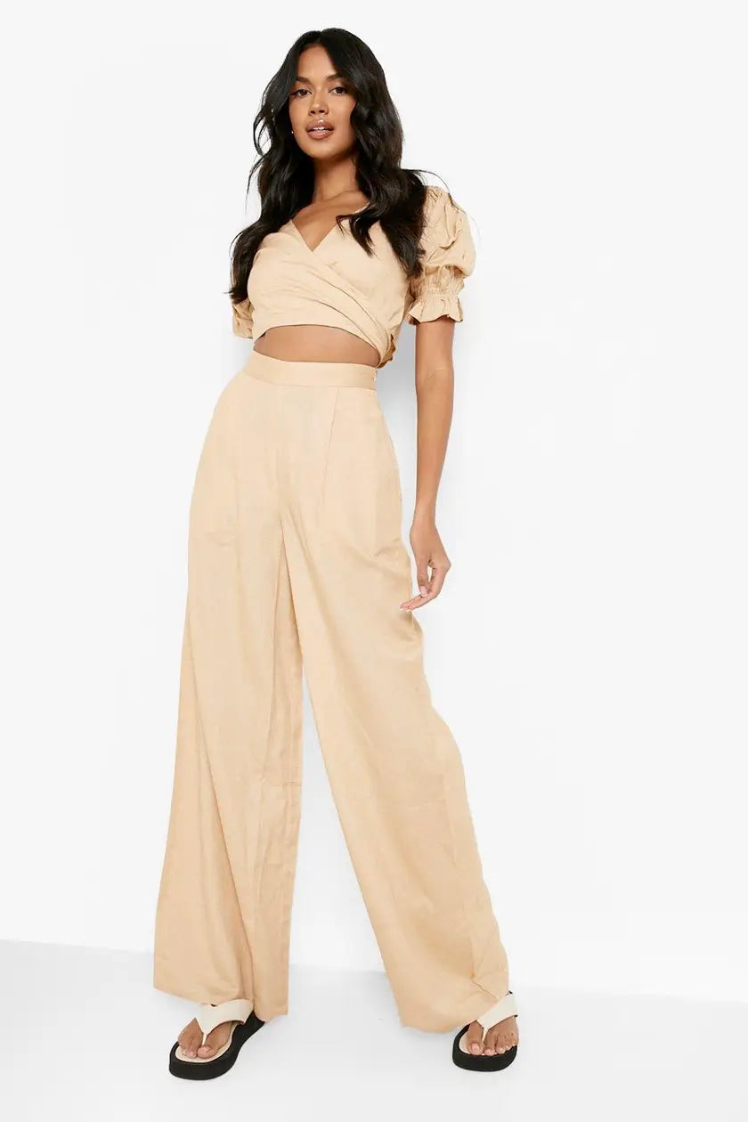 Linen Look Wide Leg Relaxed Fit Trousers
