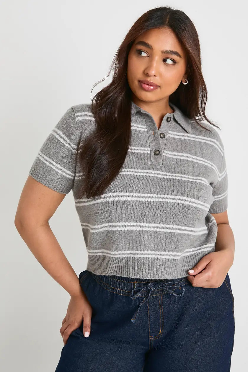 Collar Detail Stripe Knit Top