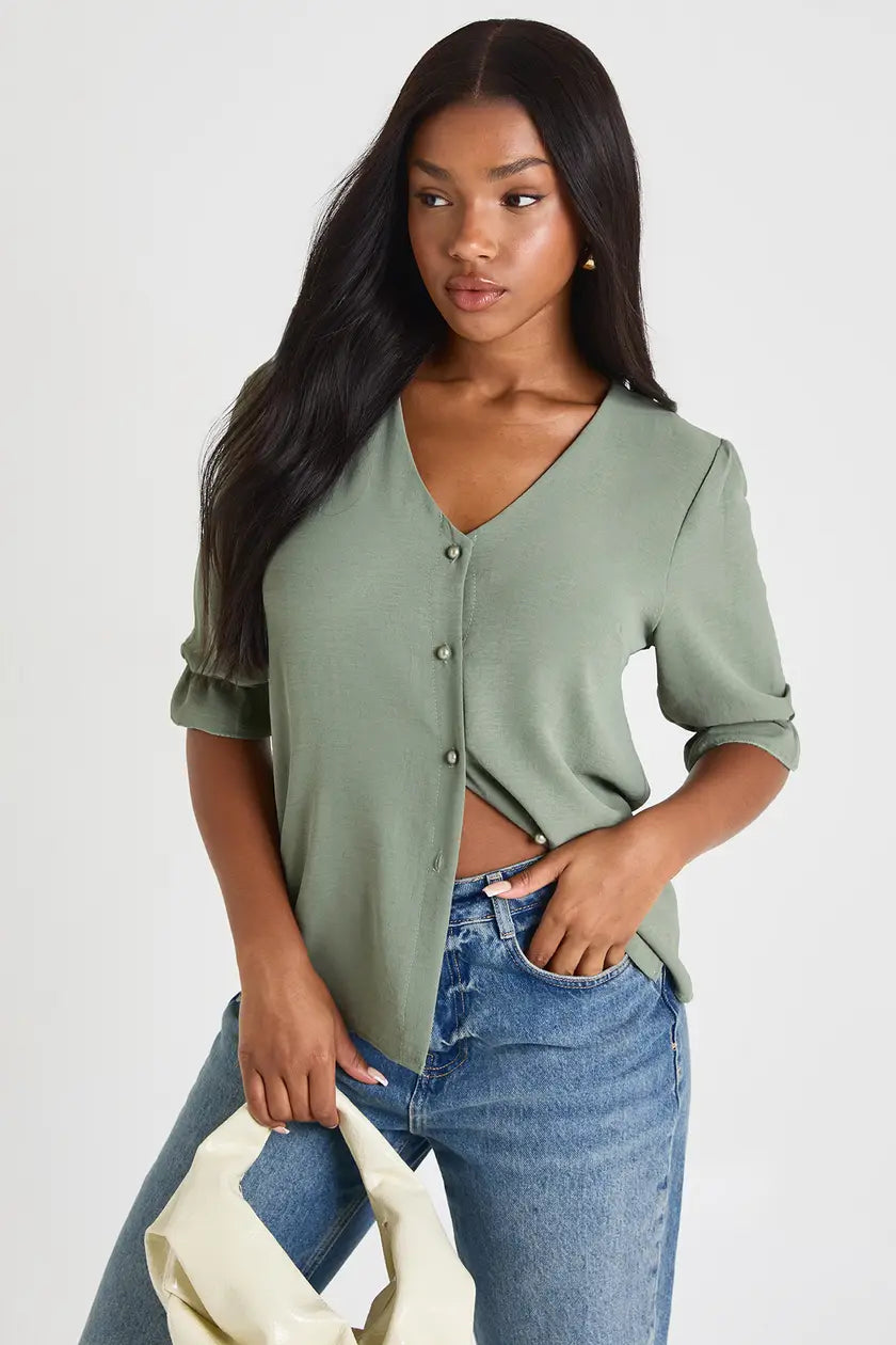 Puff Sleeve Button Front Blouse