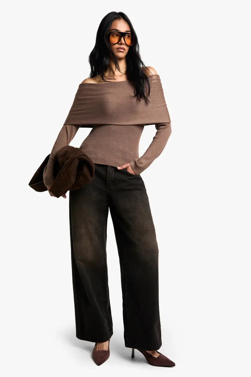 Baby Brown Rib Knitted Bardot Jumper