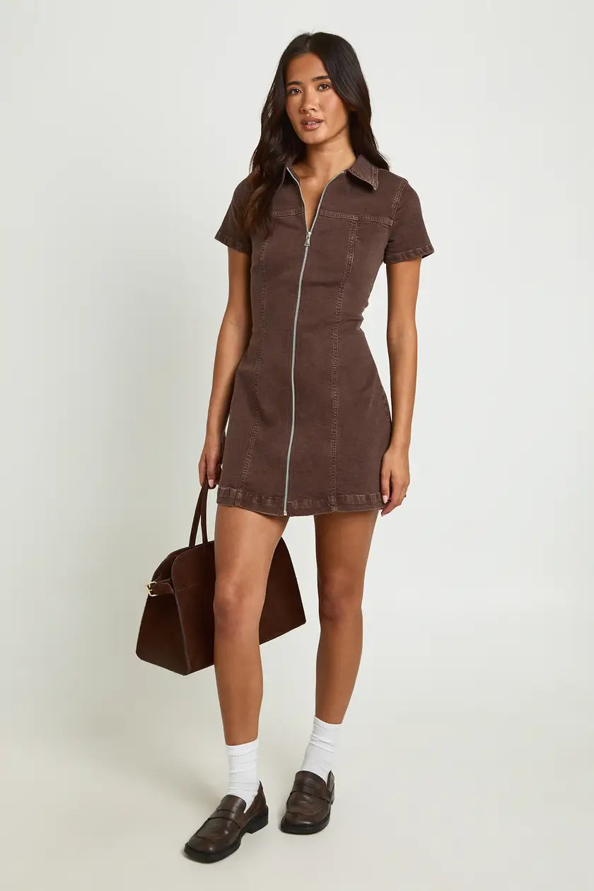 Short Sleeve Zip Front Denim Dress