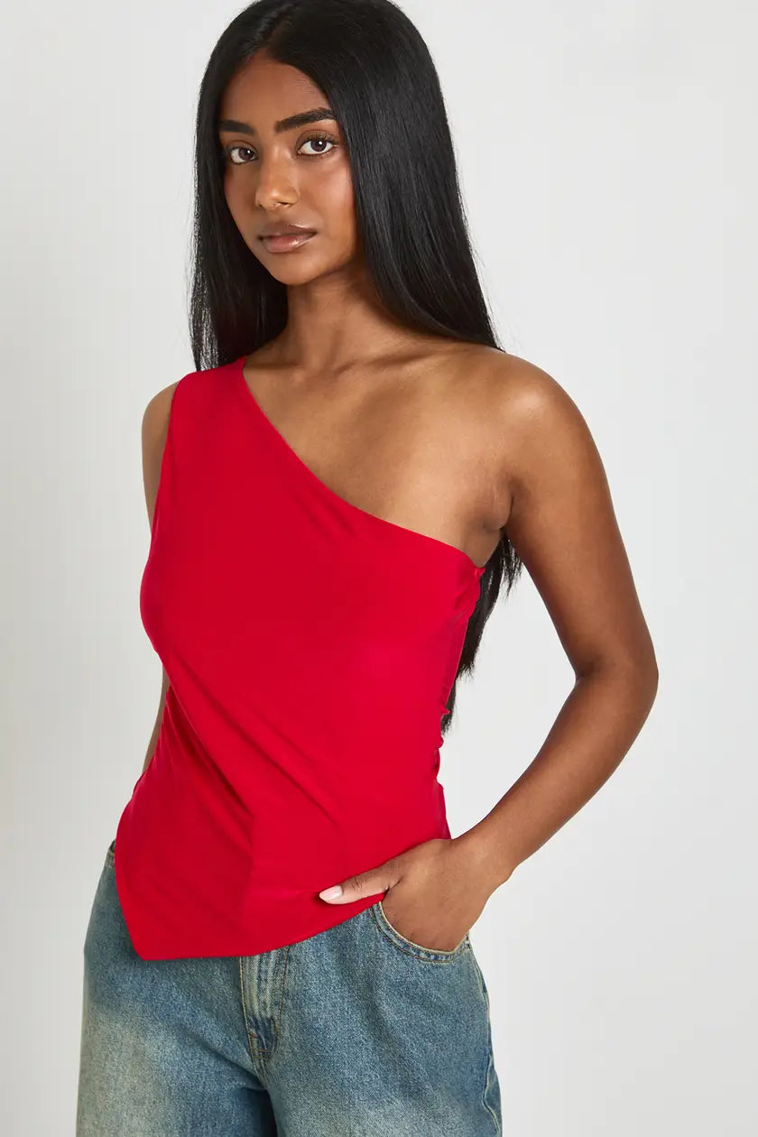 Double Layer Slinky One Shoulder Asym Hem Top