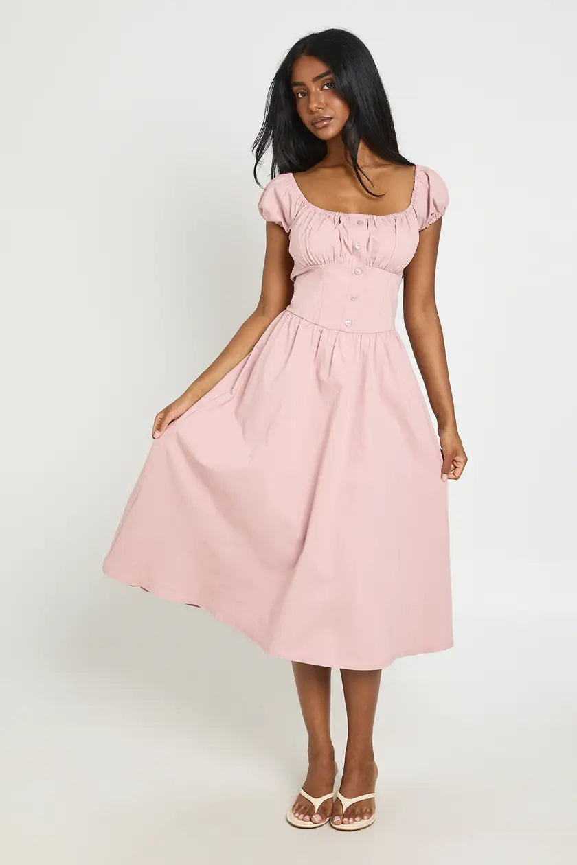 Volume Sleeve Milkmaid Midaxi Dress