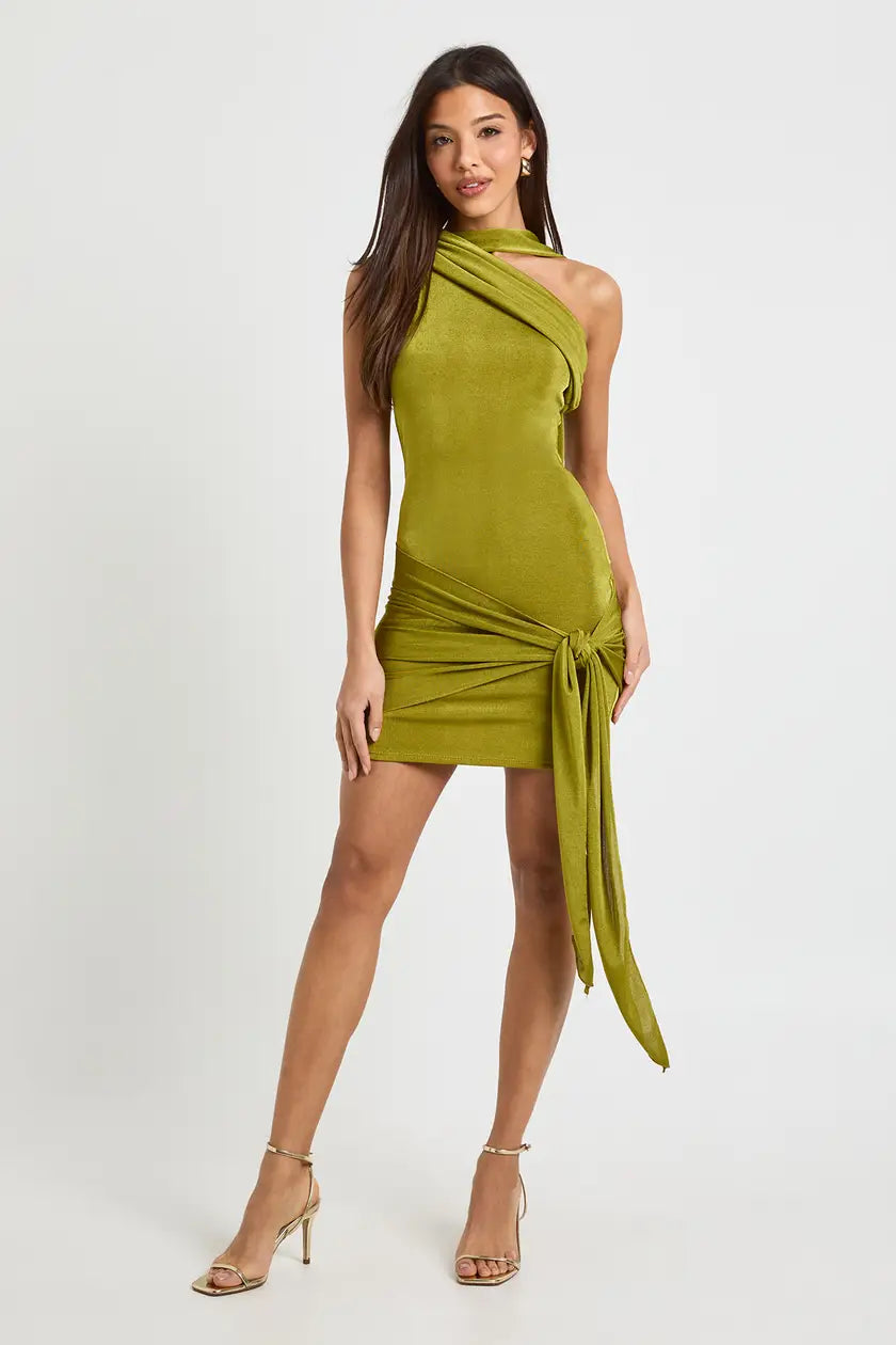 Asymmetric Wrap Waist Slinky Mini Dress