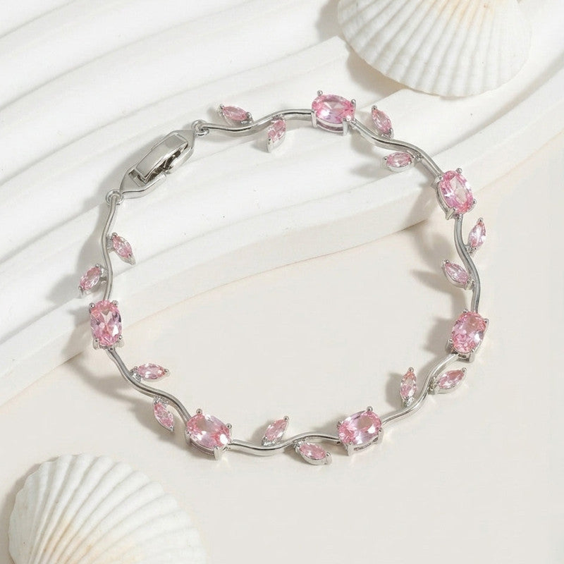 Silver Plated Pink Stones Studded Anti Tarnish Tulip Bracelet