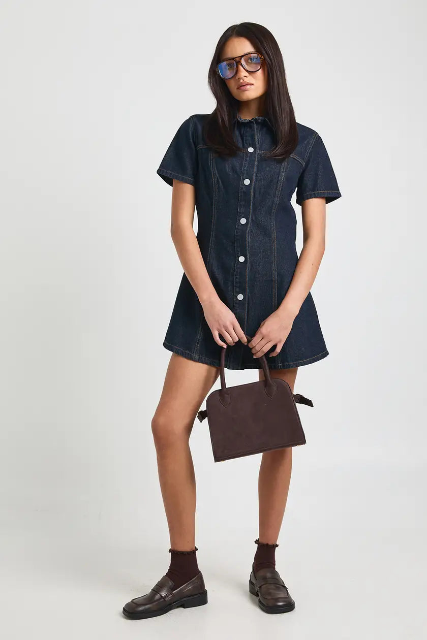 Short Sleeve Cinched Waist Denim Dress