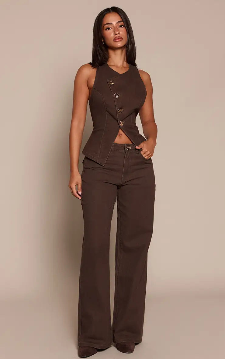 Petite Trim Detail Wide Leg Denim Jeans