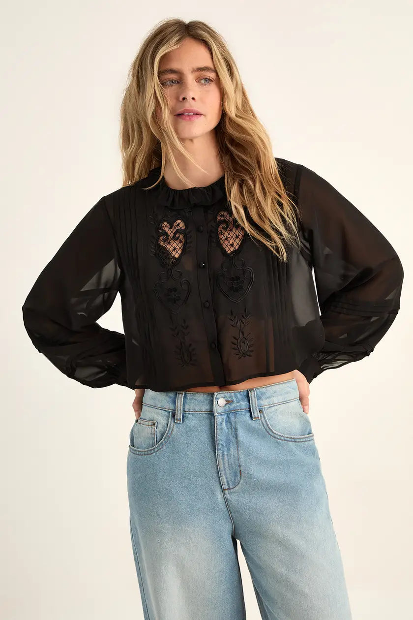 Black Cutwork Sheer Pintuck Blouse
