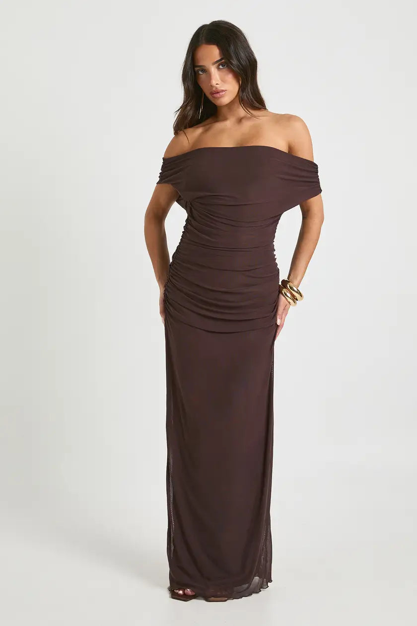 Off The Shoulder Mesh Maxi Dress