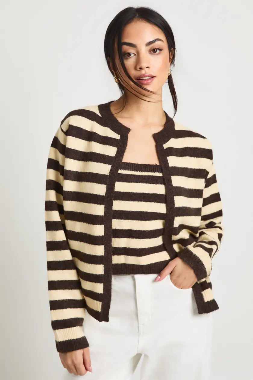 Soft Striped Knitted Boxy Fit Cardigan and Knitted Crop Top 2 Piece Set