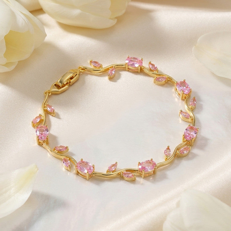 Gold Plated Pink Stones Studded Anti Tarnish Tulip Bracelet