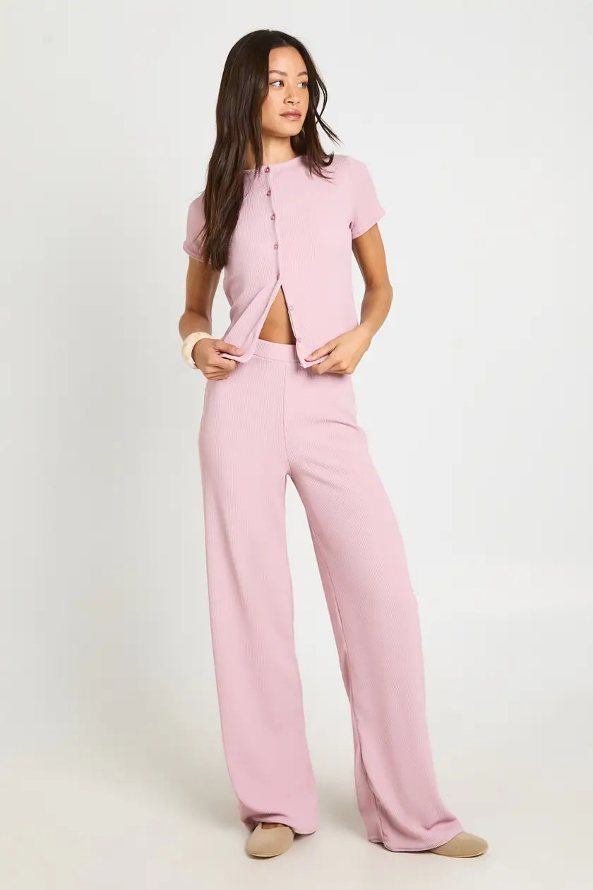 Crinkle Rib Button Through Cap Sleeve Top and Trouser Set