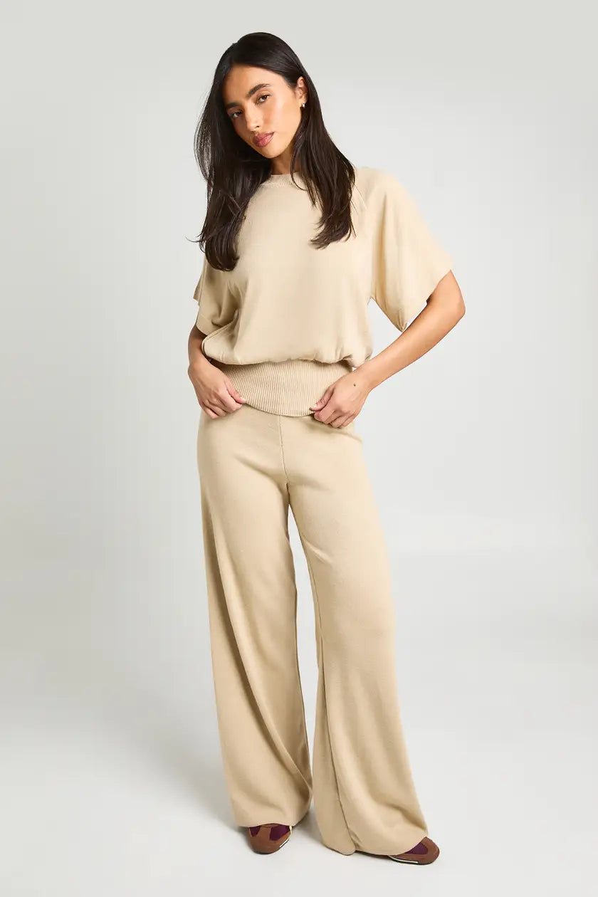 Cinched Waist Oversized Knitted Top and Wide Leg Trouser Co-Ord