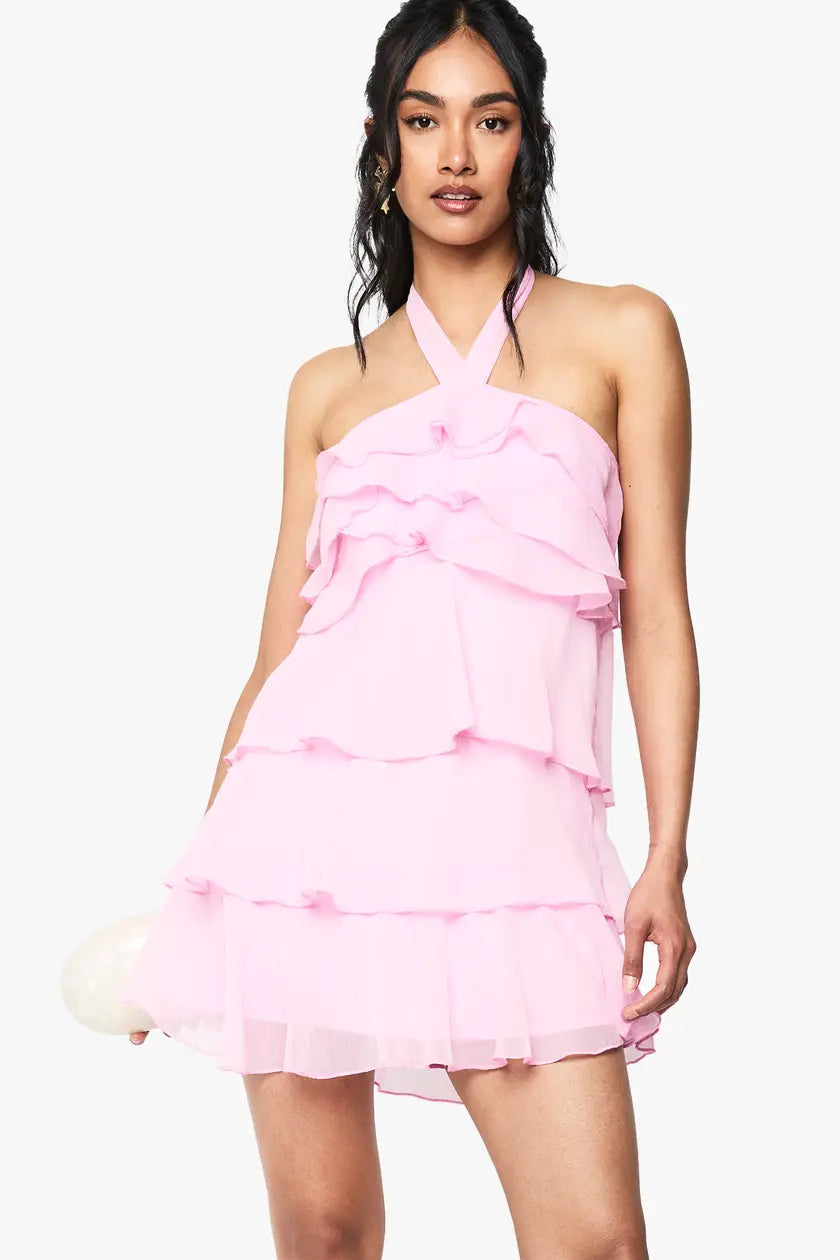 Halterneck Tie Ruffled Tiered Mini Dress