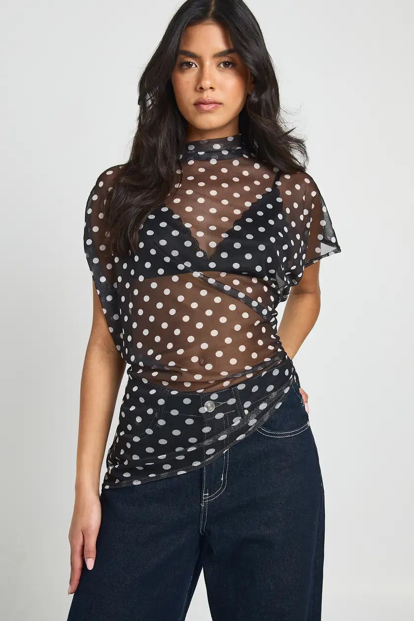 Polka Dot High Neck Ruched Side Asymmetric Top