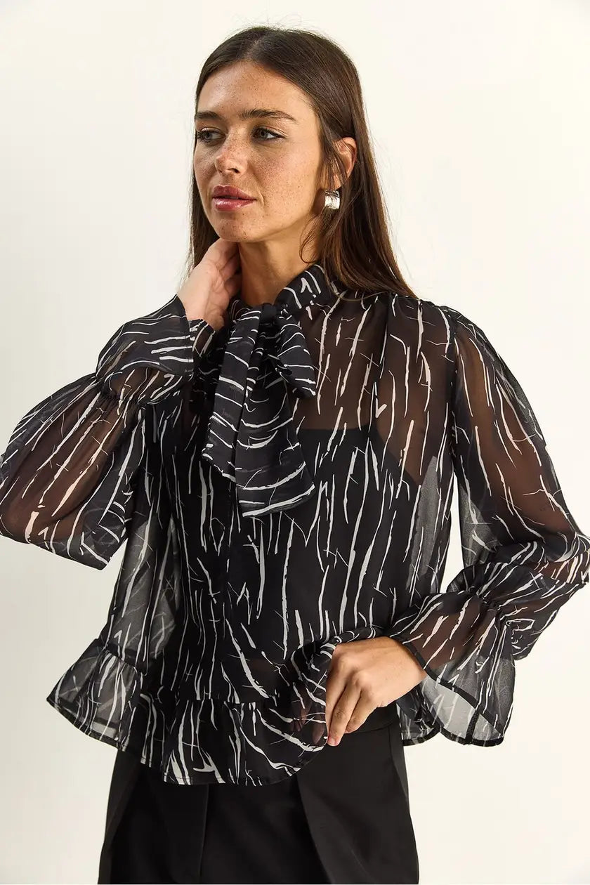 Abstract Print Choker Collar Chiffon Blouse with Tie Detail