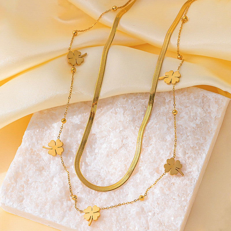 Gold Plated Anti Tarnish Stainless Steel Clover Themed Layered Necklace