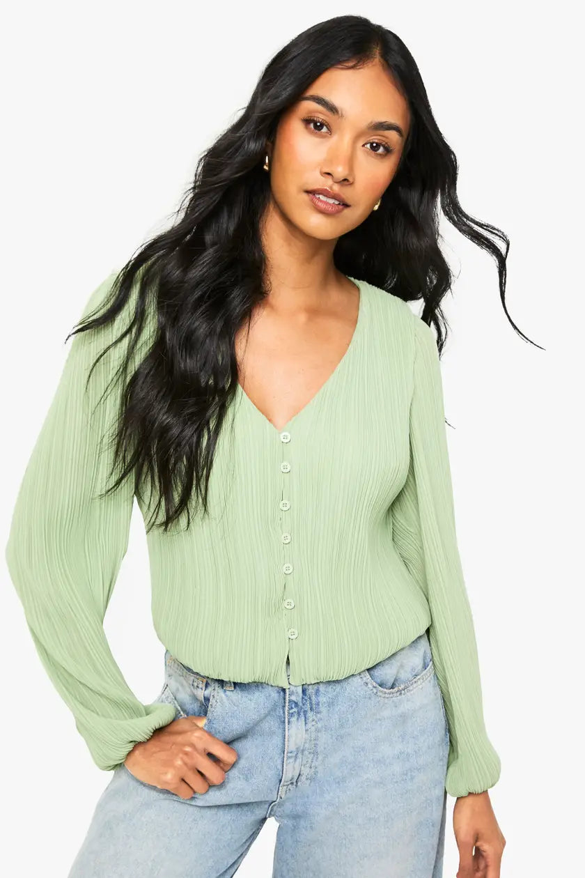 Plisse Button Through Blouse